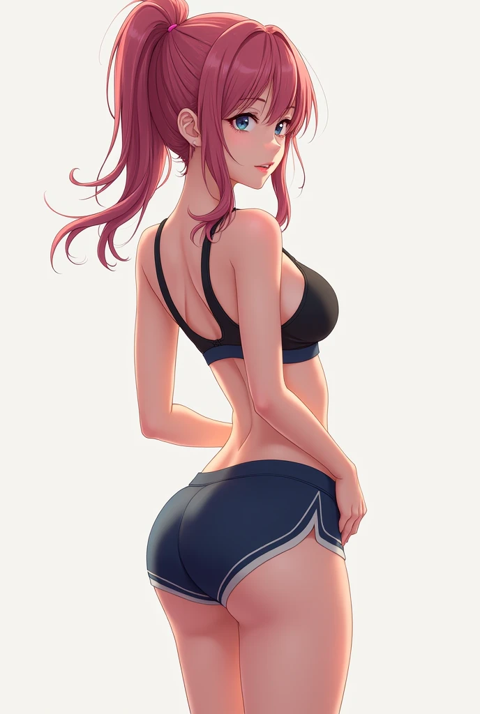 Anime girl in tight shorts stands with her back