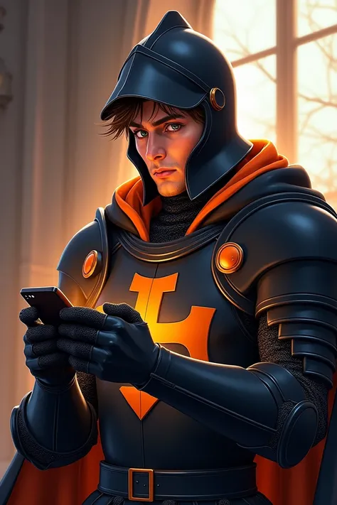 a knight in black and orange playing games on his phone, anime art style, beautiful, funny