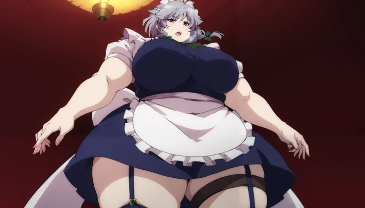 masterpiece、 best quality， very sophisticated、 pantyhose ，（from below ：1.25），Sakuya Khaniayoi，East，alone，Maid head dress、Maid，apron，Short sleeve， dress，erotic pose、Gray Hair、garter belt fat, chubby, obese, gigantic arms and legs, large breasts open mouth, ...