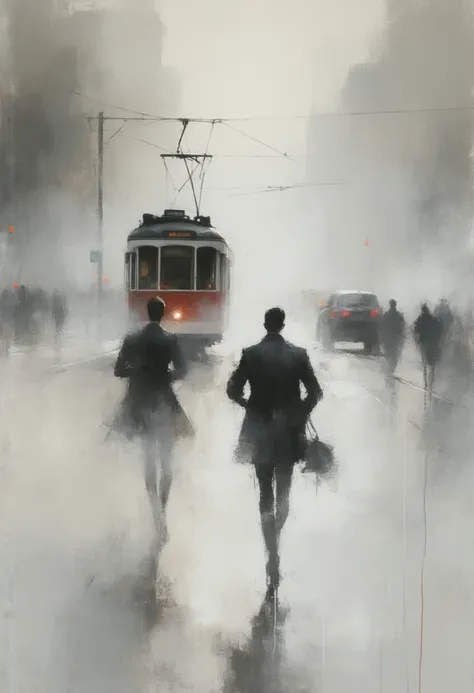  oil on canvas ,  of 2 ren chasing a streetcar, weak spots and artistic blur , gray sketch  , coral, Turquesa, red,    Masterpiece , detail,  Impressionism . High resolution, 4k.