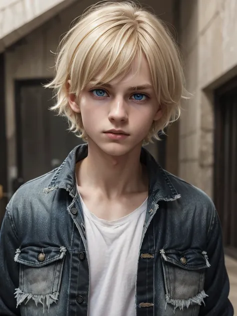 (best quality), 1boy, young boy, pale skin, (blonde hair), ((black ombre)), short hair, messy hair, messy bangs, hair over eyes, (dark blue eyes), perfect eyes, dark circles under eyes, scar over lip, scrawny body, scowl, oversized jacket, tattered shirt, ...