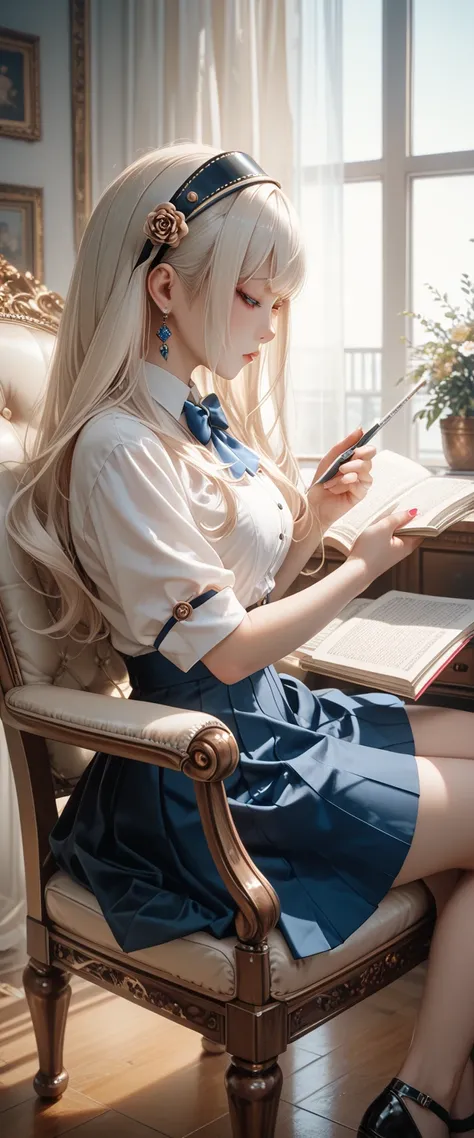 A beautiful girl Long Hair with Wispy Bangs is studying in class using only a short blue skirt with body downloading on the chair and girl is in body contact with viscous white slimy tentacles 