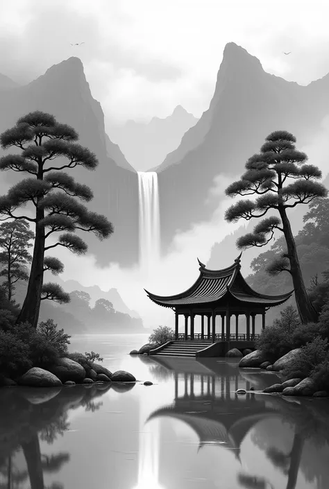  Chinese landscape painting , pavilion, Pine tree around ,  Long Mountain Waterfall,  black and white,  deep light degree .  Clouds around . 