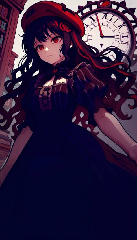 (zPDXL2), (PonyXLV6_Scores), source_anime, Expressiveh, full body shot, BREAK
lhata4564, d3t41l3d, 
solo, (black hair, wavy hair, Long hair, red eyes), (French beret, Gothic dress, lolita Dress, vintage dress, Black Dress, beige frills, Bows, Dark red deta...