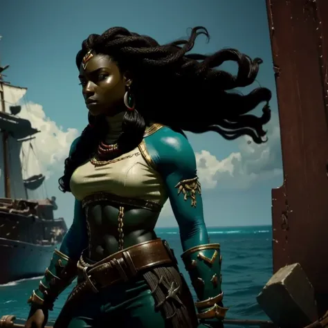 Illaoi, 1 ,  dark skin,  long hair, Muscular, Alone, standing,  detailed face ,  ultra detailed eyes,  looking at the spectator , cowboy shot,  upper body, standing in liquid , shipwreck, ( masterpiece :1.2,  best quality )