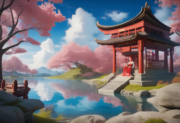   The Shrine Reflects on the Lake , Japanese painting style,  4K Highly Detailed Digital Art , Beautiful art uhd 4k, 4K VERY DETAILED ART , Detailed painting 4k,  Quiet Night.  Red hair Mysterious  ,  4K Detailed Digital Art,  Zen Temple Background , Backg...