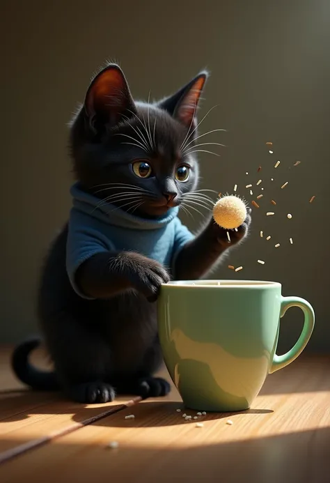 Ultra-réaliste, photorealistic, Scène dramatique, illumination globale, 1 petit chaton noir, Le chaton essaie de faire une boule de riz autrement en utilisant une tasse, Le chaton se tient debout comme un humain portant un tablier bleu à motif de neige, Un...