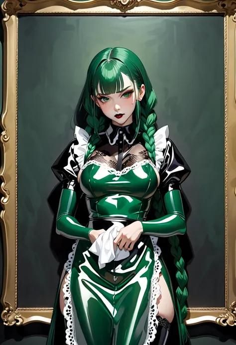  Highest image quality , masterpiece fails,  Portrait painting , Japanese,25+,Model, girl of incredible beauty,evil,(( full height)), ((dark green hair,Braided in two braids)), straight brow bangs ,(((  A lace latex apron ))) ,(latex maid outfit ),covers t...