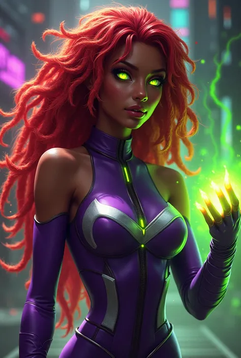 Brown skin, Female,Tamaranean, Tamara, red on fire Dreadlocks hairstyle, sexy body, cute face, starfire, DC, skirt, teen titans, neon green aura on hands, starfire clothes, DC Unlimited , purple and grey sexy outfit, neon green eyes, anime