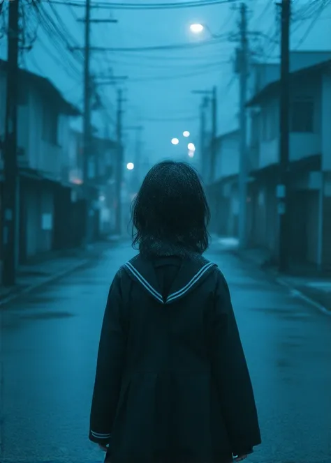 winter　night　Tokyo residential area　Back view of a high school girl wearing a scarf　Hopes and fears　City lights　electric wire　Electric pole　 sailor suit