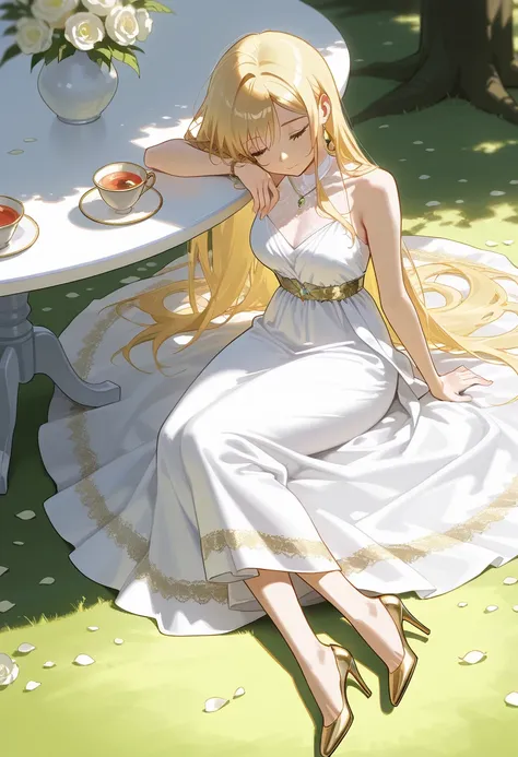 elegant style, soft realism, best quality, beautiful blonde-haired woman in intricate white dress, golden accents, sitting gracefully, barefoot with elegant jewelry, peaceful and refined atmosphere, petals scattered on the ground, soft shadows, gentle and ...