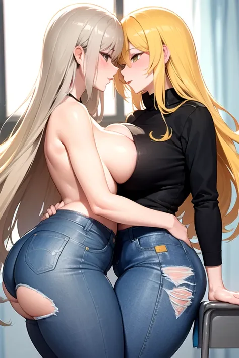 lesbian (very long loose yellow hair)( Big Tits,  big thighs)(almost naked but wearing very tight denim pants) that he is kissing and touching his parts at school with his girlfriend(that they are in a very sexy and compromising position with their girlfri...