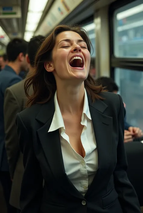 35 year old beautiful brown-haired woman, Commuter trains in Japan,Crowded car interior, Business suit over a white shirt with a wide chest , (( head back break screaming orgasm)) ,  sharp focus with eyes closed  , ( 8K Ultra HD :0.8),  ultra detailed ,  R...