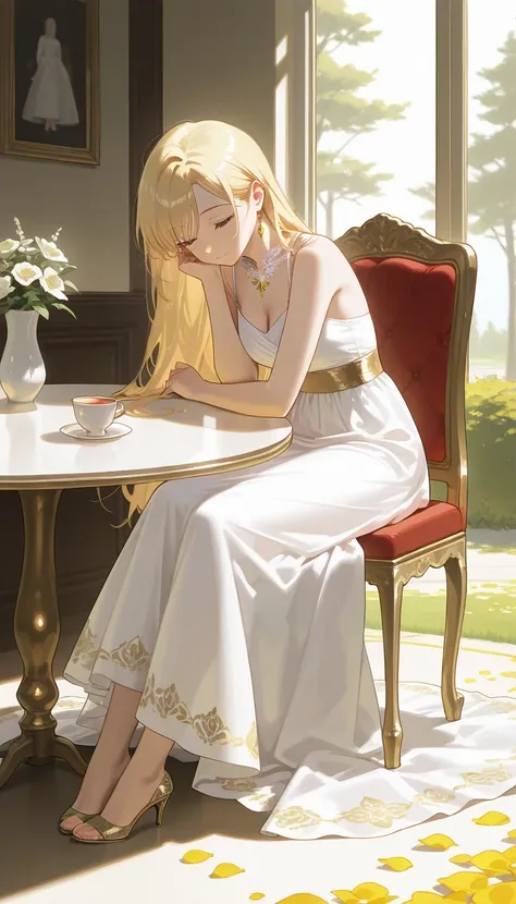 elegant style, soft realism, best quality, beautiful blonde-haired woman in intricate white dress, golden accents, sitting gracefully, barefoot with elegant jewelry, peaceful and refined atmosphere, petals scattered on the ground, soft shadows, gentle and ...