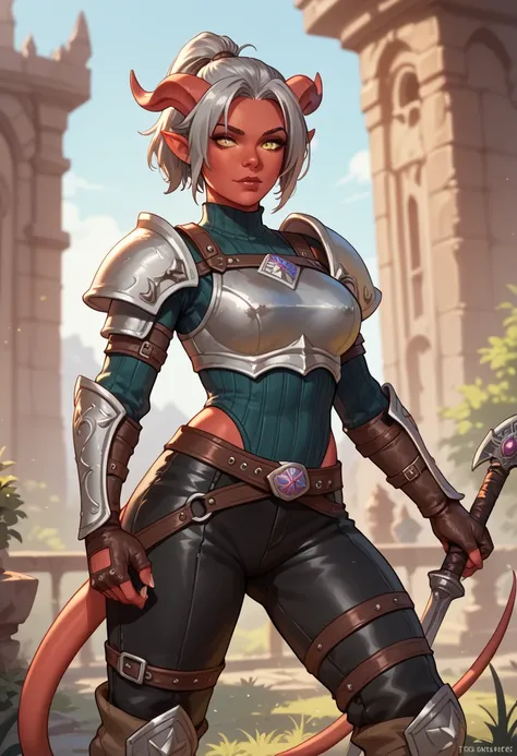 1girl, tiefling, red skin, fantasy, rogue, daggers, black leather armor, short hair, gray hair, ponytail, brown boots, stoic, confident, tomboy, masterpiece, highest quality, closeup,