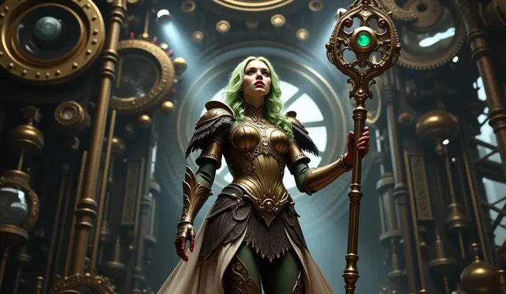 beautiful woman.  green hair ,  with heavenly armor ,  holding a scepter , LOW ANGLE,  inside a large clockwork, made of gold and rubies ,  steampunk style