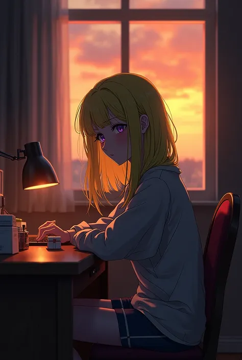 Draw a character with a ratio of 9 : 16, and a girl with yellow green hair and purple eyes that looks sad, is sitting in a studio room at sunset while looking at the cigarette pack placed on her dead boyfriends sitting desk while sitting in front of her si...