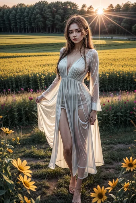 a woman in a long dress standing in a field of wildflowers at sunset, nature goddess, translucent dress, in a field, golden dress, in a meadow, a goddess in a field of flowers, flowing dress, in a field with flowers, wearing a flowing dress, in the middle ...