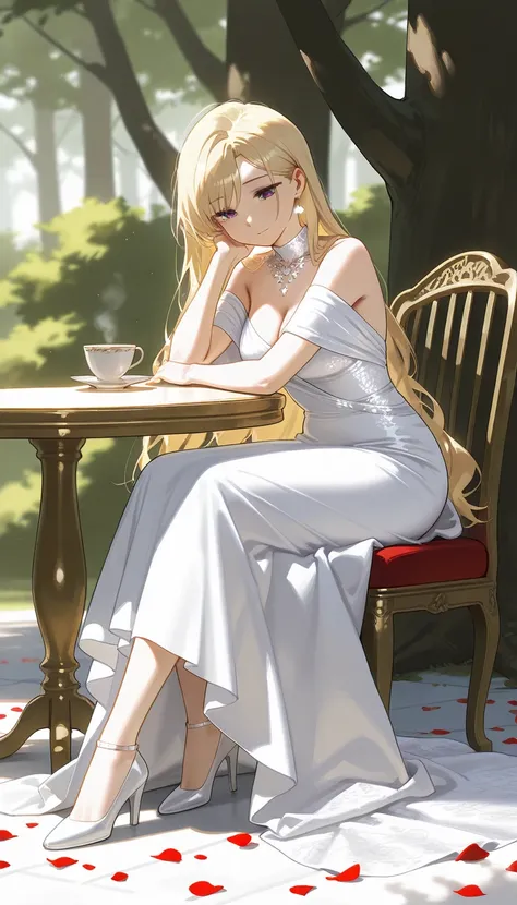 elegant style, soft realism, best quality, beautiful blonde-haired woman in intricate white goddess dress, sitting gracefully, elegant jewelry, peaceful and refined atmosphere, petals scattered on the ground, soft shadows, gentle and serene expression, int...