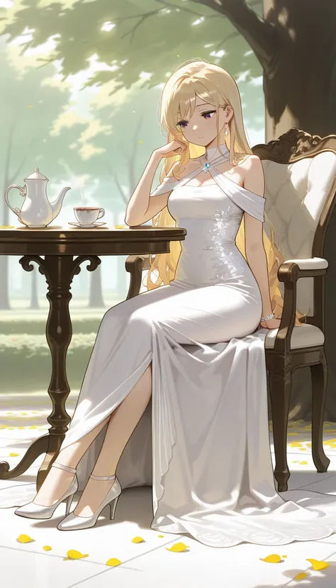 elegant style, soft realism, best quality, beautiful blonde-haired woman in intricate white goddess dress, sitting gracefully, elegant jewelry, peaceful and refined atmosphere, petals scattered on the ground, soft shadows, gentle and serene expression, int...