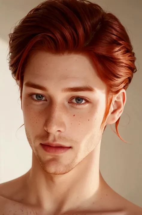  Handsome redhead guy with hair up to his shoulders, dark locks on his hair ,  brown eye , sly smile,  freckles on face 