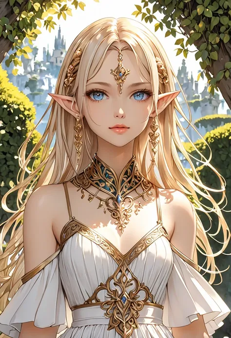 1 girl, Beautiful elf lady, blonde Long straight hair, upturn elf pointy ears, sexy figure, hot body, very beautiful face, detailed face, delicate eyes, detailed pupil, beautiful and delicate lips, blush, shy, heart, in love, white camisole long skirt, Sim...