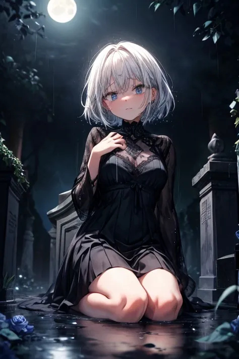 masterpiece, best quality, high resolution, 1 girl has short white hair, sapphire blue eyes. wearing a black dress. She is sitting in a "seiza-like" position with both knees inward and touching the ground. Her pose is completely collapsed and weak. A blue ...