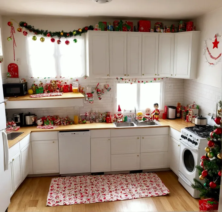 there is a kitchen with a wooden floor and white cabinets, small kitchen, it is decorate by Saitama from One Punch man, tacky loud cute Christmas figures on counter, cheap paper Christmas decorations. Christmas lights taped up around ceiling. Saitama (paja...