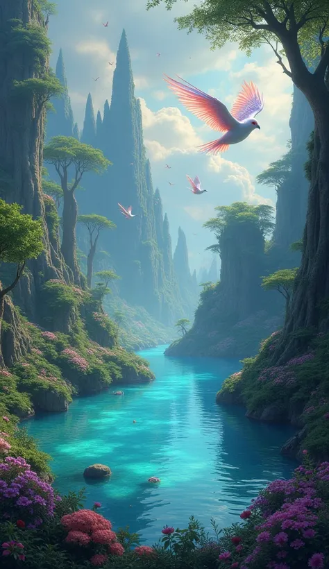 A picture of a fictional world with a magical lake, birds, imaginary things,