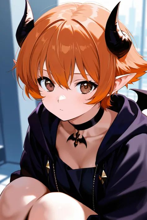  orange hair　 girl　villain　Demon World　 fantasy　 Another World　devil　 long short hair　Boxer　 choker 　 brown eyes　Short elven ears