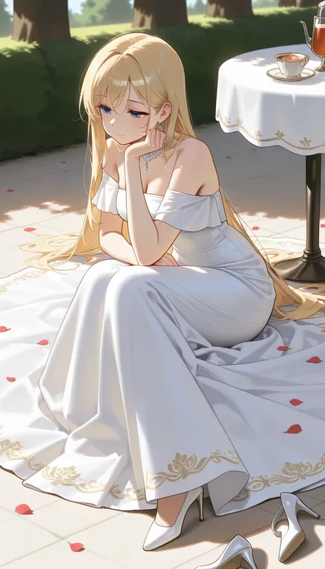 elegant style, soft realism, best quality, beautiful blonde-haired woman in intricate white priestess dress, sitting gracefully, elegant jewelry, peaceful and refined atmosphere, petals scattered on the ground, soft shadows, gentle and serene expression, i...