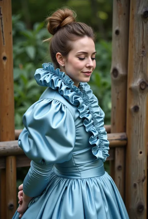 (realistic photograph close up sideways cheerful), (a pleased beautiful European orgasm looking lady with (messy hair bun), she is wearing (an elaborate extensive shiny babyblue silk dress with (long gigantic puff sleeves), (and an ultra high narrow stand-...