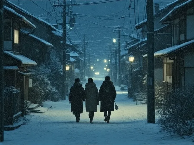 winter　night　Tokyo residential area　 scarves　City lights　electric wire　Electric pole　