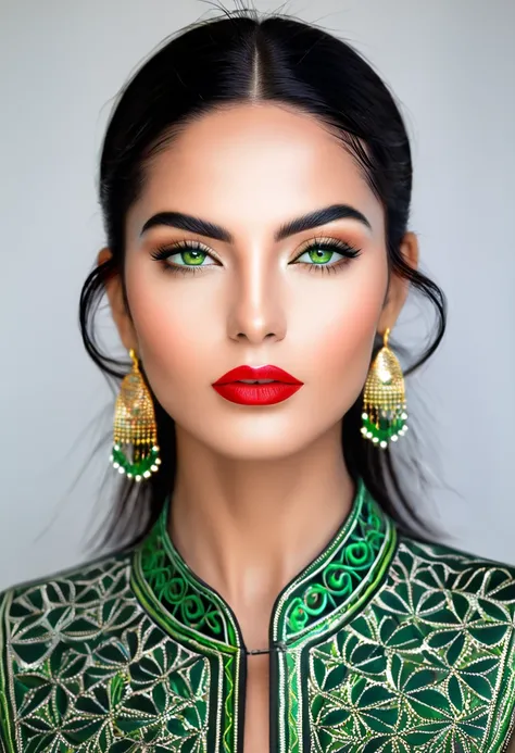 Portrait of a stunning woman with sharp, symmetrical facial features. She has striking green eyes with bold eyeliner and well-defined eyebrows. Her skin is flawless, with a soft glow and subtle contouring. She has long, sleek black hair framing her face. H...