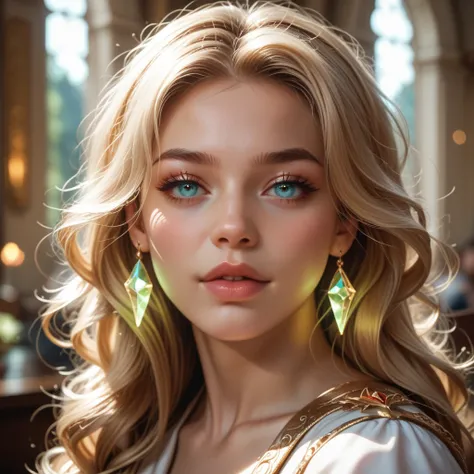 A highly realistic close-up portrait of a woman with an angelic face, long flowing blonde hair, and large expressive eyes. Her skin is fair and naturally radiant, with visible texture and a soft, serene expression. The lighting is gentle and natural, enhan...