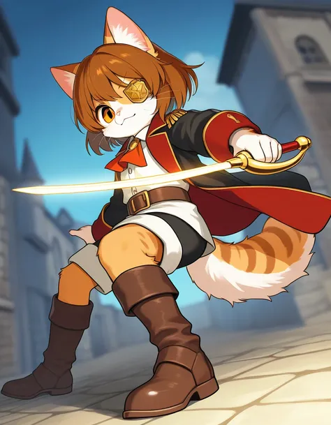 1woman, furry cat, anime, solo, Captain of the Royal Guard, detailed medieval background, medieval brown captain jacket, red and white shirt and shorts, the patch on her right eye, holding a saber, brown hair, orange eyes with narrow cat pupils, battle boo...