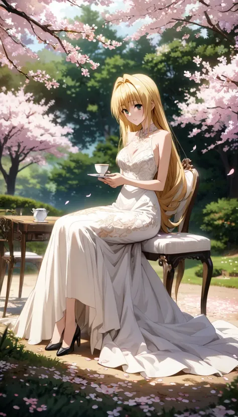 elegant style, soft realism, best quality, beautiful blonde-haired woman in intricate white dress, sitting gracefully, elegant jewelry, peaceful and refined atmosphere, petals scattered on the ground, soft shadows, gentle and serene expression, intricate f...