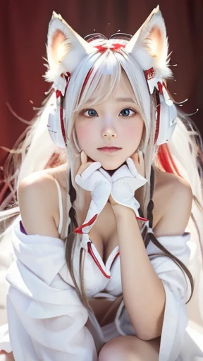 masterpiece, highest quality ,(((Full body photo)))、 Consciousness upward,1 perfect portrait of a girl, A fascinating eye for perfect detail, Colorful Hair, (red+White and soft hair:1.6), (White fox ears:1.3), Fantasy red background, {Sexy exposed shoulder...