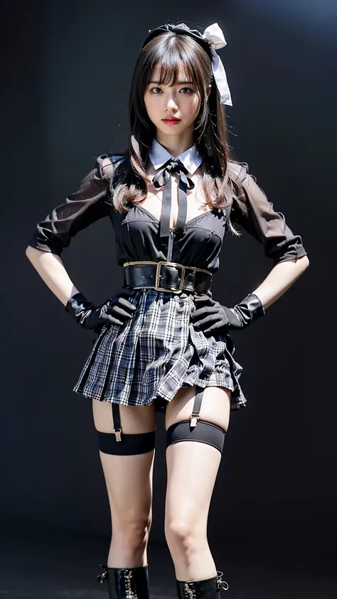 (8k、     RAW photos   、   top quality、masterpiece   :1.2)、(   realistic   、   realistic   )、1 person、((black、  gloves、 see-through、hair、  garter belt、Ribbon on chest、  plaid miniskirt to make up for embarrassment、   boots、blackい背景、Thin legs、whole body、Hand...