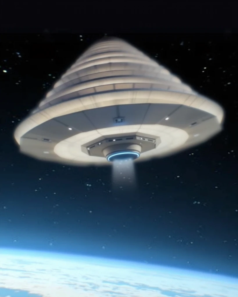 a huge spaceship in outer space, close to Earth, the ship has several floors, in a conical shape, with small windows