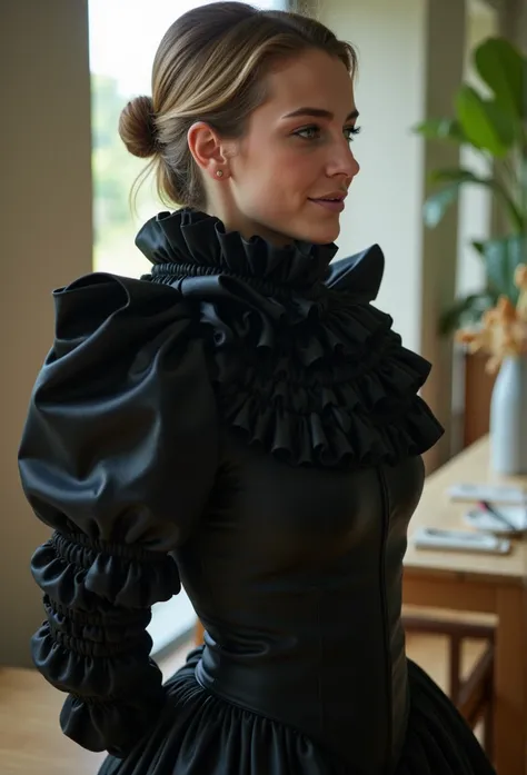 (realistic photograph close up sideways cheerful), (a pleased beautiful European orgasm looking lady with (messy hair bun), she is wearing (an elaborate extensive shiny black silk dress with (long gigantic puff sleeves), (and an ultra high narrow stand-up ...