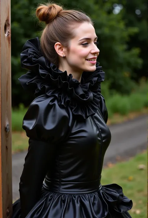 (realistic photograph close up sideways cheerful), (a pleased beautiful European orgasm looking lady with (messy hair bun), she is wearing (an elaborate extensive shiny black silk dress with (long gigantic puff sleeves), (and an ultra high narrow stand-up ...