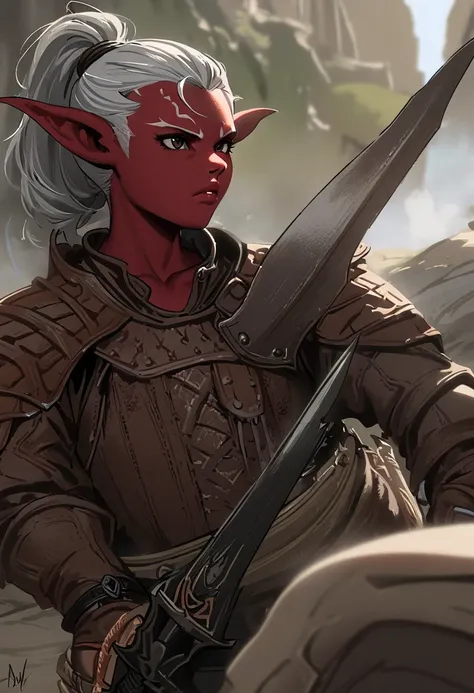 1girl, tiefling, red skin, fantasy, rogue, daggers, rugged leather armor, short hair, gray hair, ponytail, brown boots, stoic, confident, tomboy, masterpiece, highest quality, closeup,