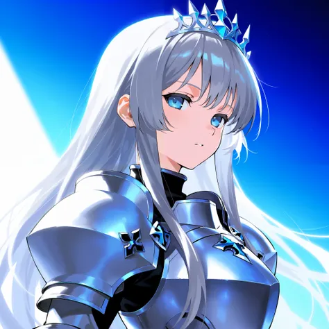  girl　Holy Knight　 fantasy　 Another World　 long hair on background　Gray Hair　Light blue based armor　 tiara 　 blue eyes　Slanted Eyes