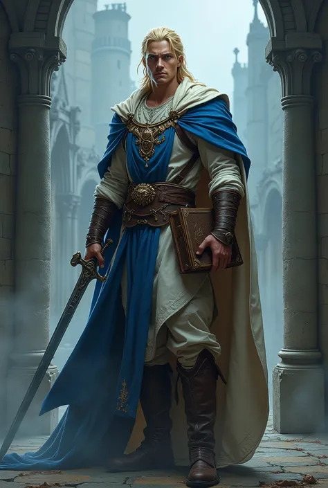 A medieval tall sturdy blond male seer, detailed portrait, blue eyes, no beard, dramatic pose, with blue white brown attire, long brown gothic boots, wielding a short thick sword and a big ancient book, Nostradamus, dark fantasy, dynamic lighting, cinemati...