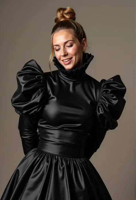 (realistic photograph close up sideways cheerful), (a pleased beautiful European orgasm looking lady with (messy hair bun), she is wearing (an elaborate extensive shiny black silk dress with (long gigantic puff sleeves), (and an ultra high narrow stand-up ...