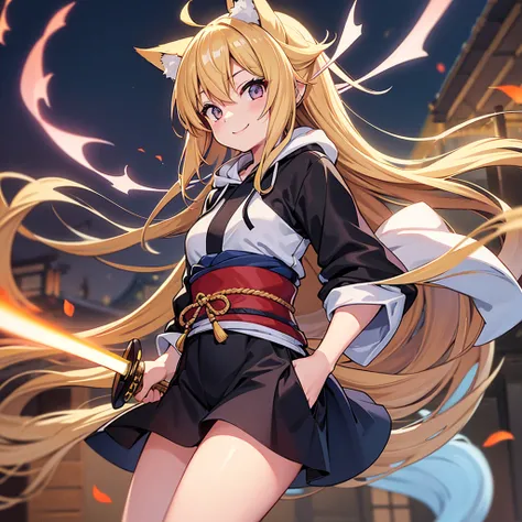 holding Katana, the set up, 1girl, solo, Japanese Kyoto, blonde hair, long hair, silver eyes, foxs ear, fox spirit, flat chest, slim figure, smile, hoodie,  perfect anatomy