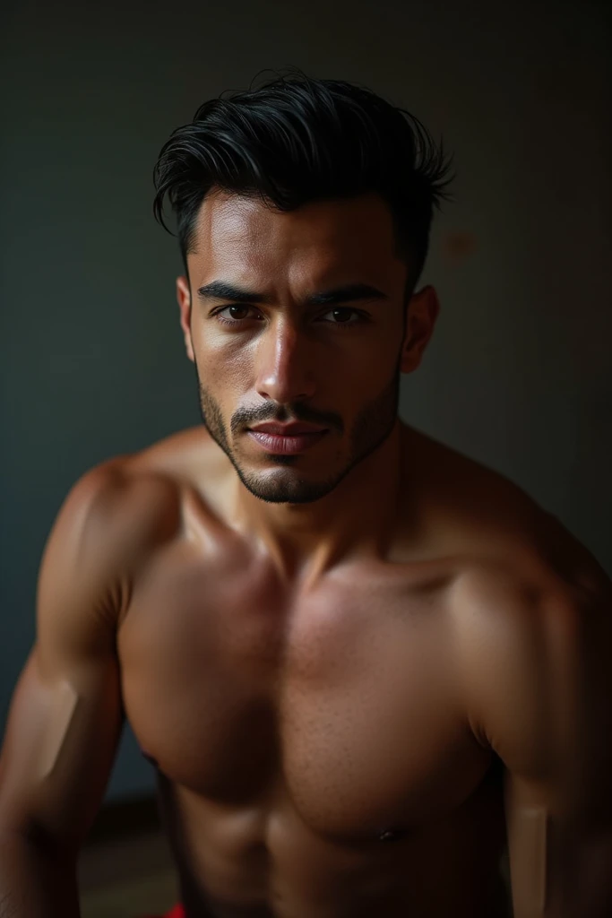 An athletic man,  brown and attractive ,  doing a photo shoot for adult content.  He is about 1 ,80 meters, 81 kilos ,  has a deep head and full lips .  He looks at the camera with a provocative look .