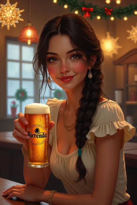 A beautiful brunette woman with braids in her hair holding a beer with the name Birrenda in a tavern with Christmas ornaments 