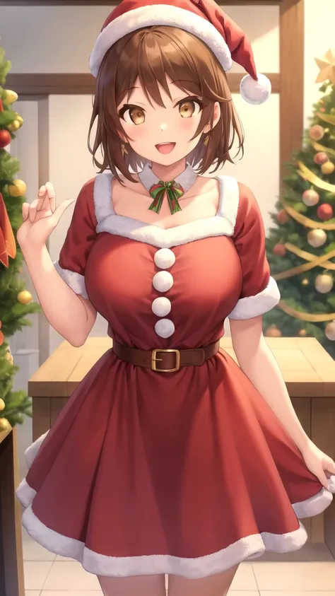 masterpiece, best quality, high quality, girl, solo, looking at viewer, youto_yokodera, brown hair, brown eyes, large breasts, merry christmas Dress, standing, smile, open mouth,